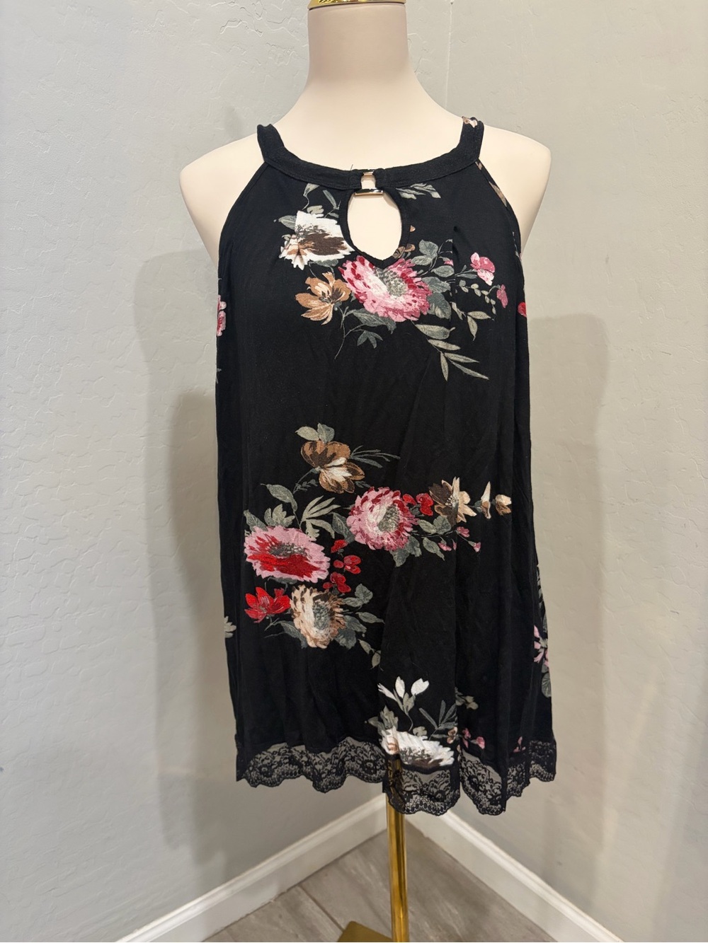 Willow Black Floral Halter Tank with Lace Trim